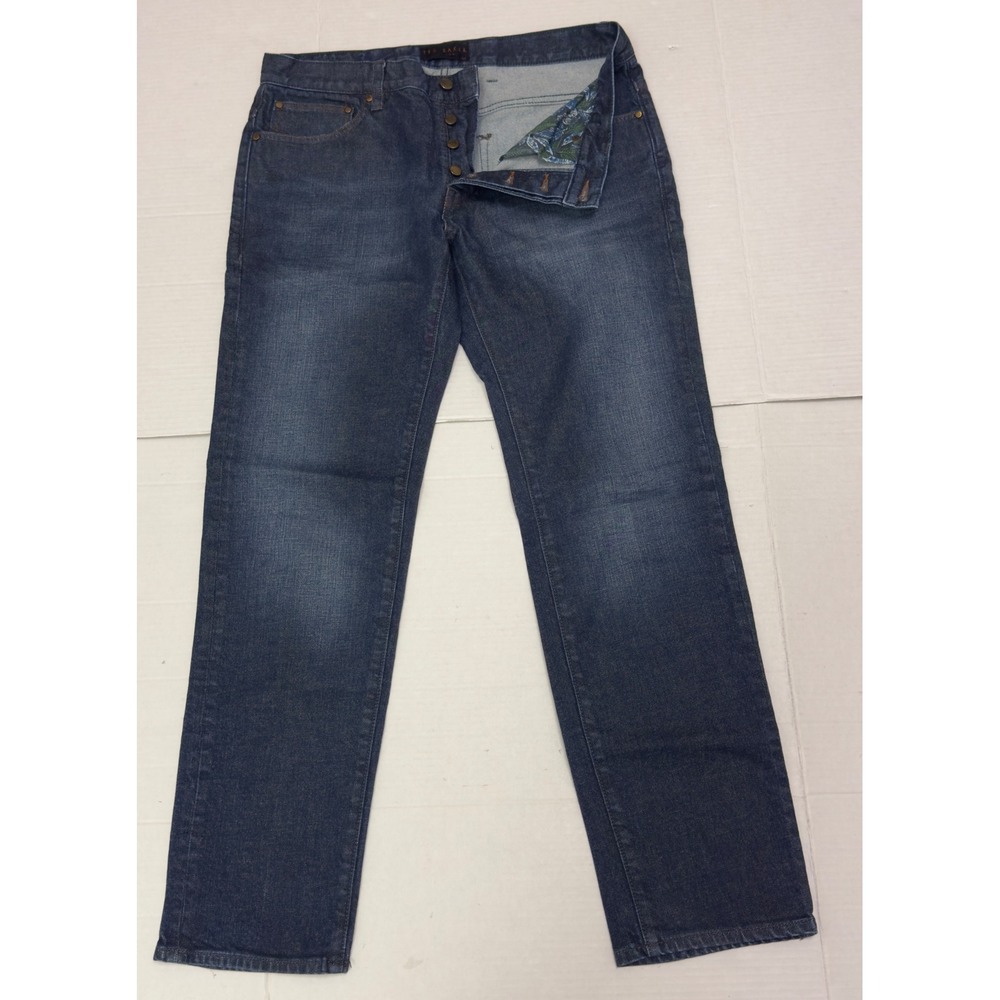 Ted Baker London Straight Leg Jeans Mens  Dark Wash Blue Button Fly Designer